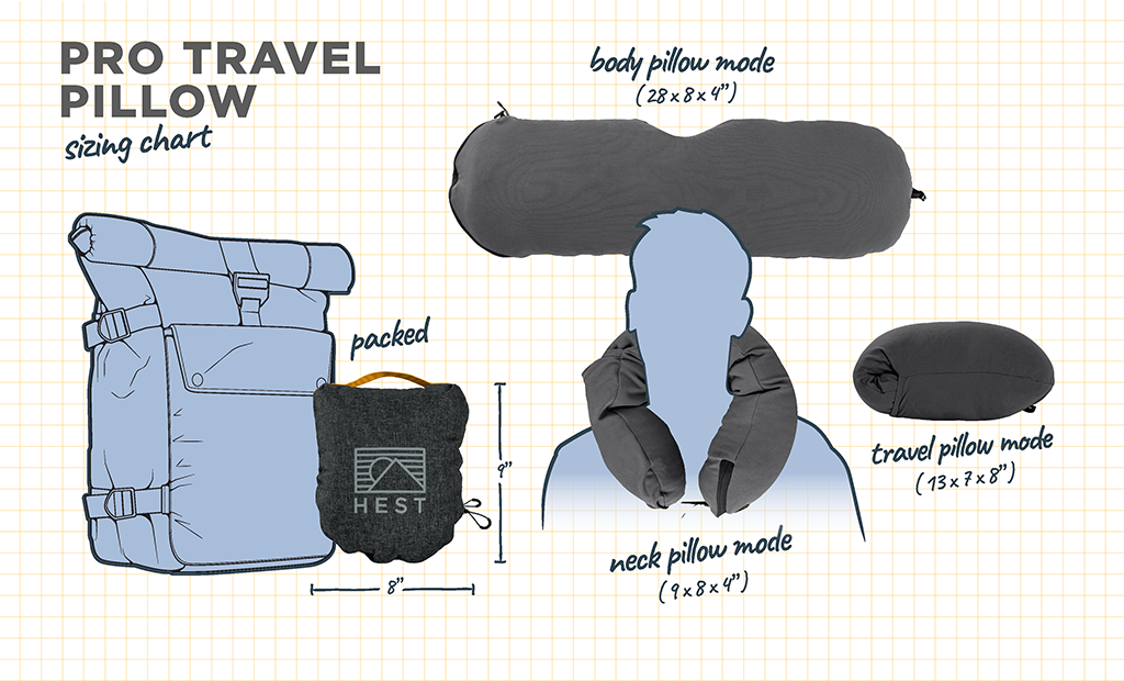 Dimensions and sizing specifications chart for HEST Pro memory foam travel pillow