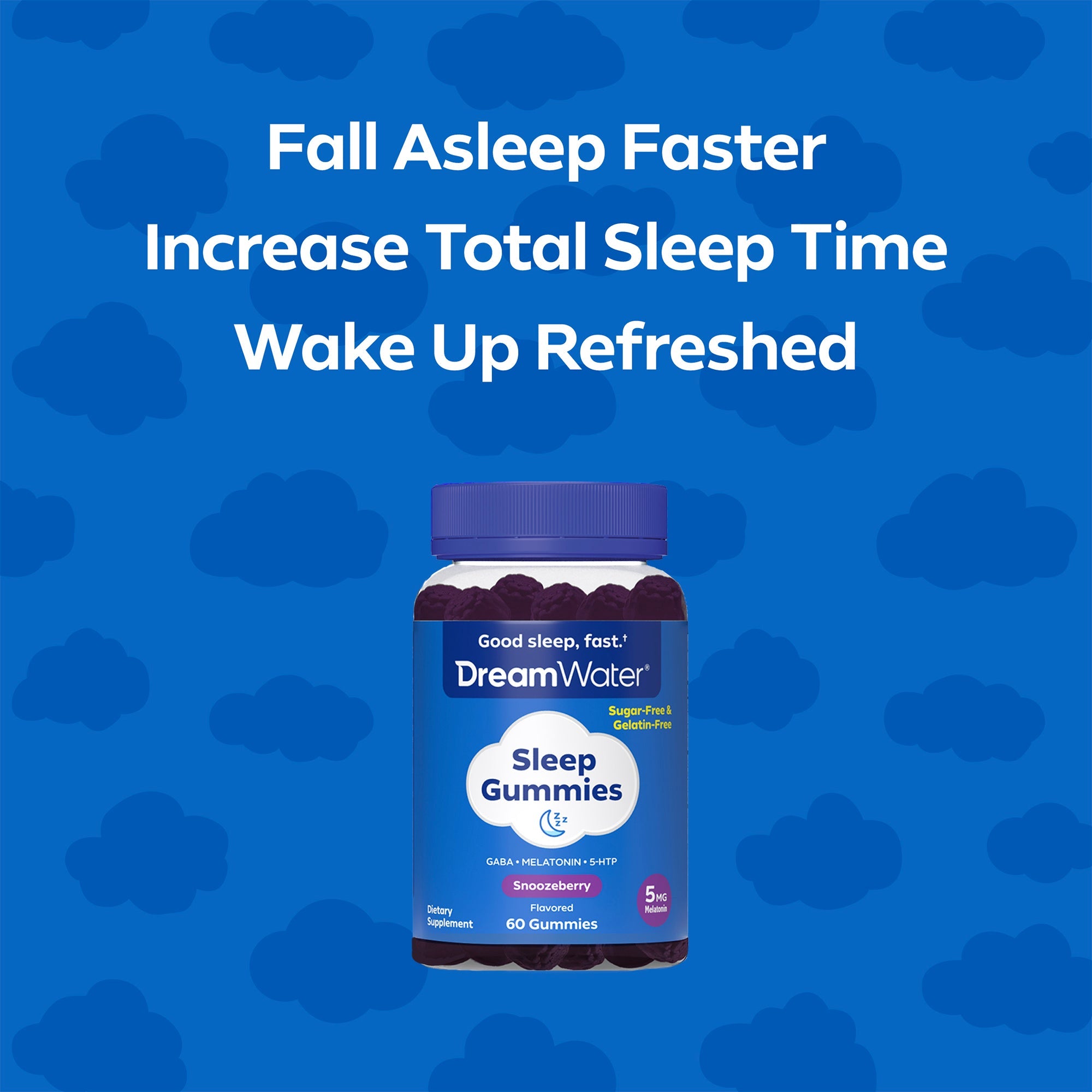 DreamWater Sleep Gummies bottle on a blue background with cloud patterns. Fall Asleep Faster. Increase Sleep Time. Wake Up Refreshed.