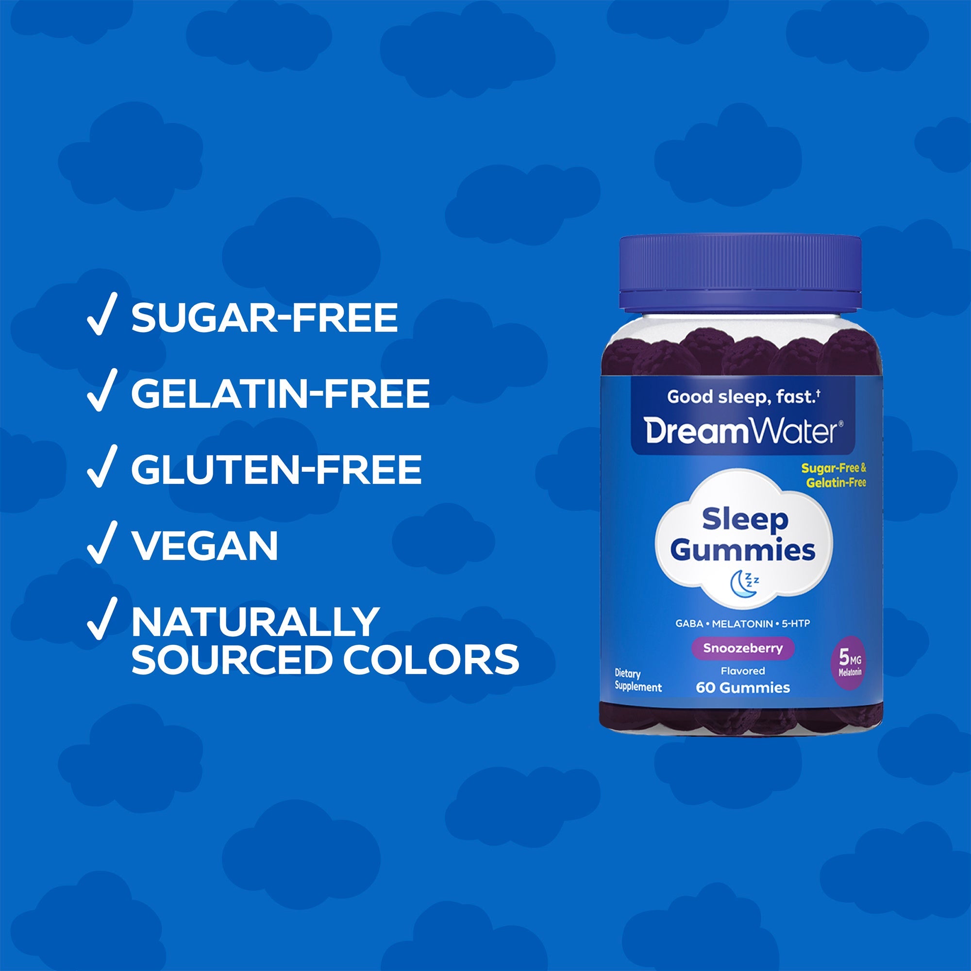 DreamWater Sleep Gummies bottle on a blue background with product features listed.