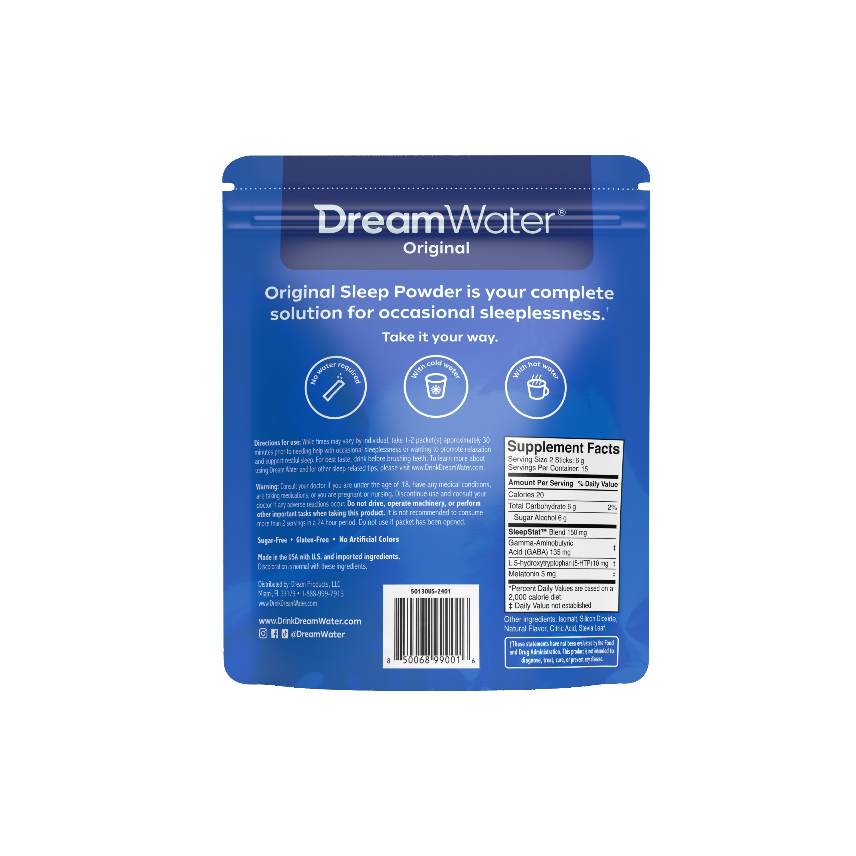 Blue package of DreamWater Original Sleep Powder on a white background. Back label and Supplement Facts.