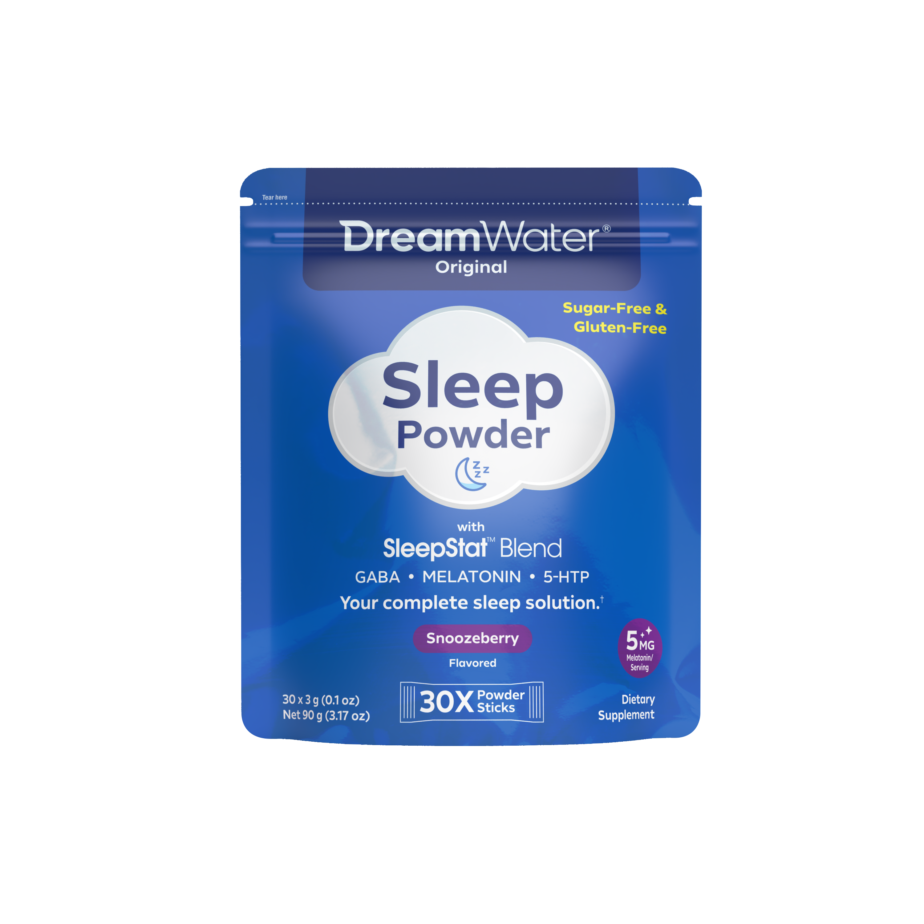 DreamWater Sleep Powder 30 pk package on a white background. Sugar-Free & Gluten Free. 