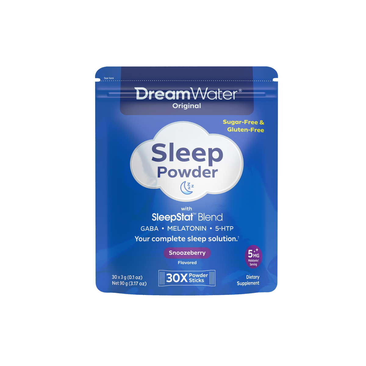 DreamWater Sleep Powder 30 pk package on a white background. Sugar-Free & Gluten Free. 
