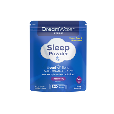 DreamWater Sleep Powder 30 pk package on a white background. Sugar-Free & Gluten Free. 