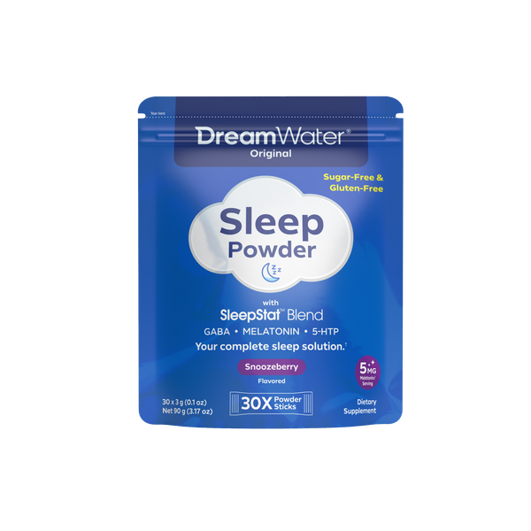 DreamWater Sleep Powder 30 pk package on a white background. Sugar-Free & Gluten Free. 