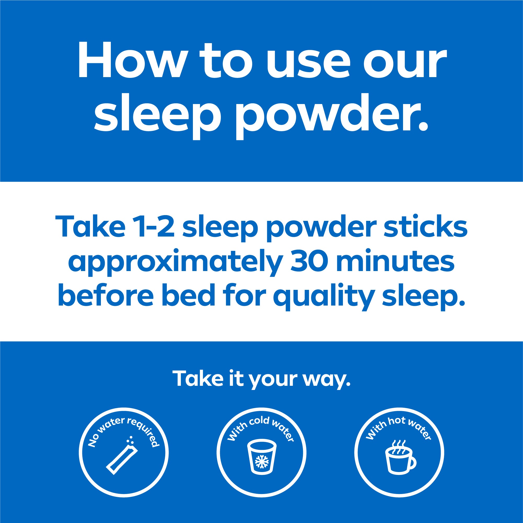 Instructions for using DreamWater sleep powder on a blue background. 