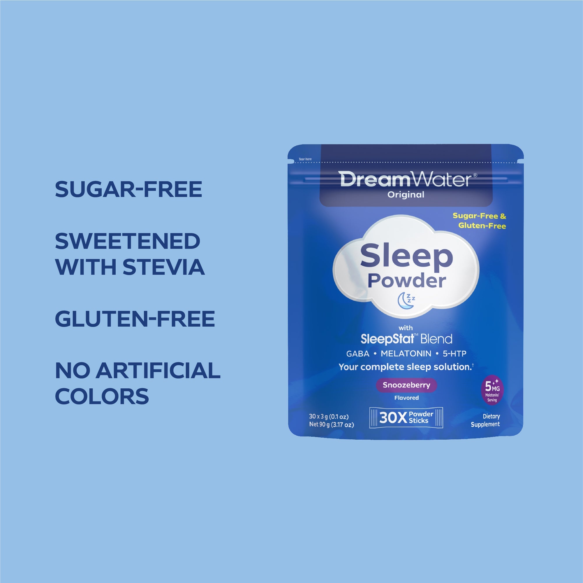 DreamWater Sleep Powder package on a blue background with product features listed. Sugar-Free, Sweetened with Stevia, Gluten-Free, No Artificial Colors.