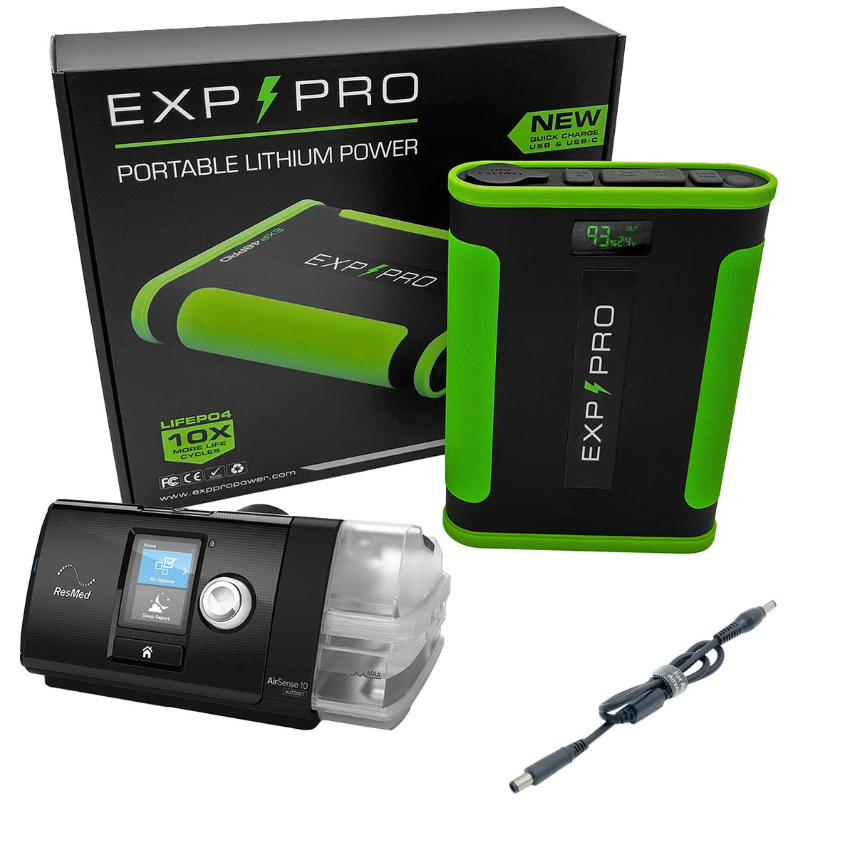 EXP48PRO APEX battery connected with DC power cord to a ResMed AirSense 10 CPAP machine