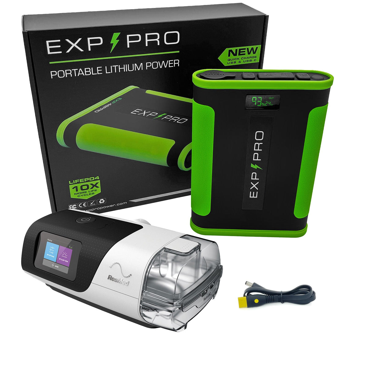 EXP48PRO APEX battery connected with DC cable powering a ResMed AirSense 11 machine