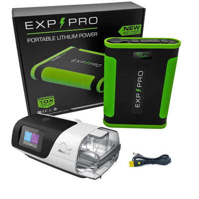 EXP48PRO APEX battery connected with DC cable powering a ResMed AirSense 11 machine