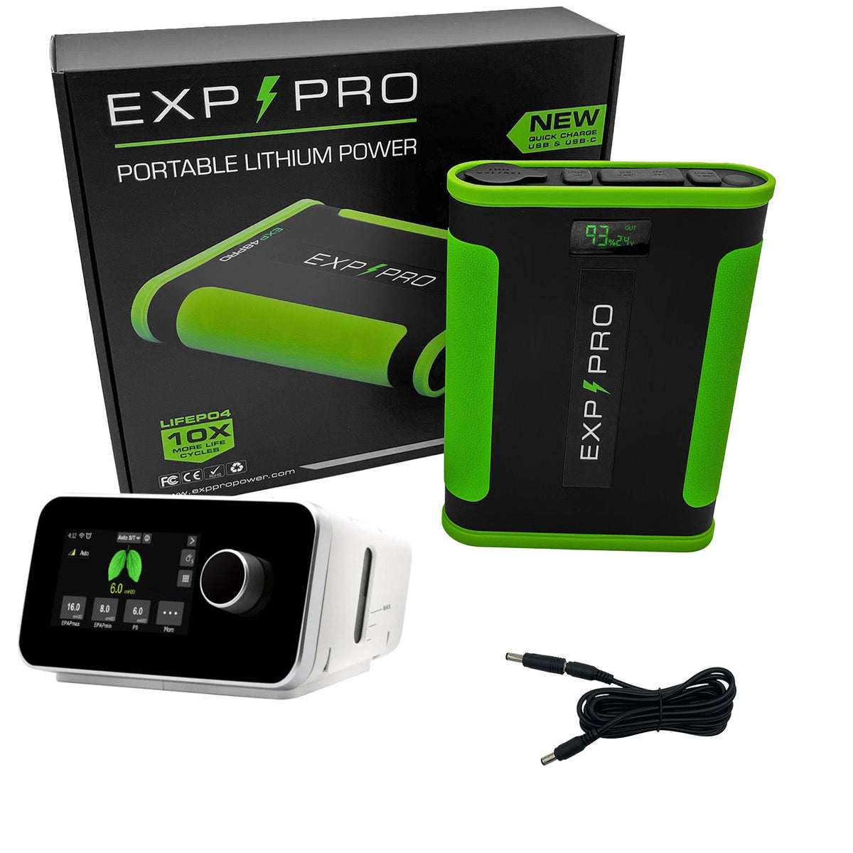 EXP48PRO APEX battery powering a Resvent iBreeze CPAP machine via DC cable
