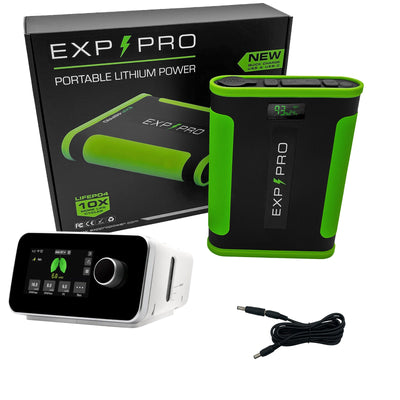 EXP48PRO APEX battery powering a Resvent iBreeze CPAP machine via DC cable
