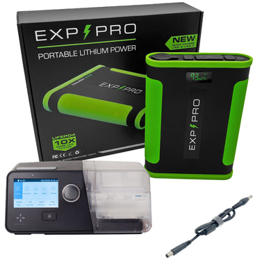 EXP48PRO APEX battery connected with DC adapter cable to a React Health Luna G3 machine