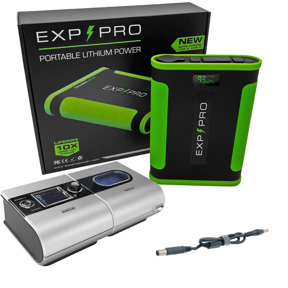 EXP48PRO APEX CPAP battery connected to a Resmed S9 machine