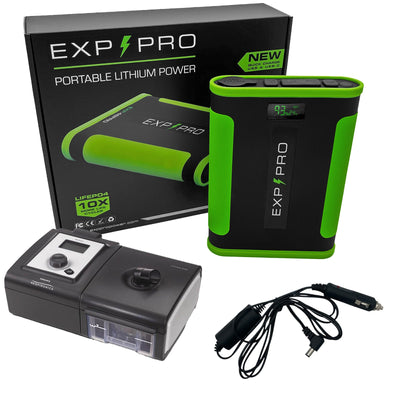 EXP48PRO APEX battery powering a Respironics System One 60 Series CPAP via DC cord