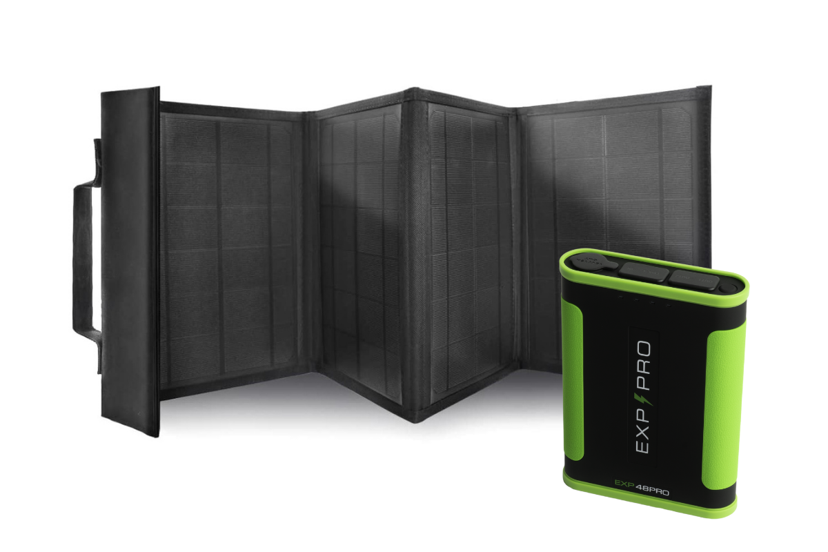 EXP48PRO APEX CPAP battery recharging outdoors via high-efficiency portable solar panel