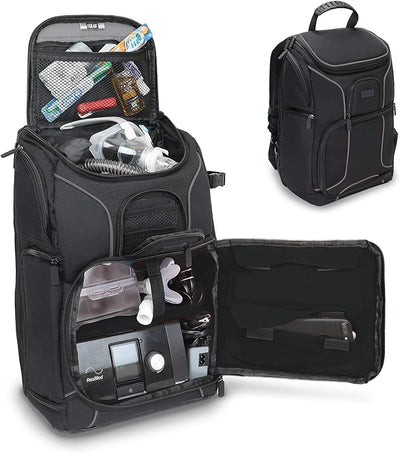 EXP PRO CPAP travel backpack with dedicated compartments for battery, machine, and mask