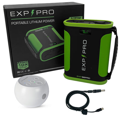 EXP96PRO APEX battery connected with DC cable to a Transcend Mini or Micro CPAP unit