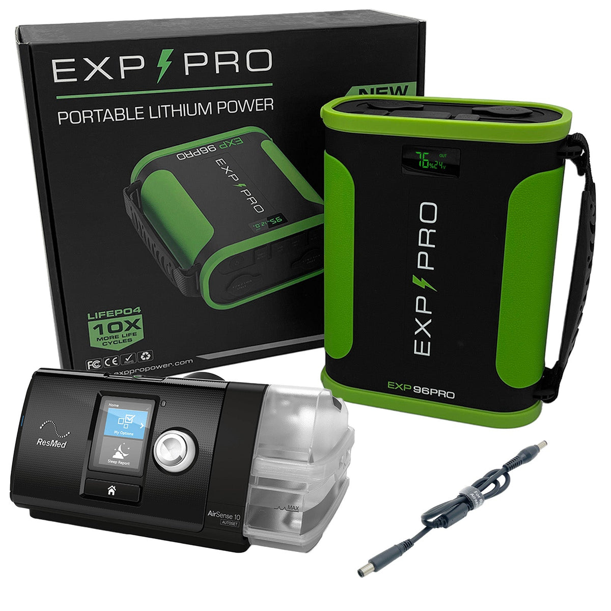 EXP96PRO APEX battery connected with DC cord powering a ResMed AirSense 10 machine