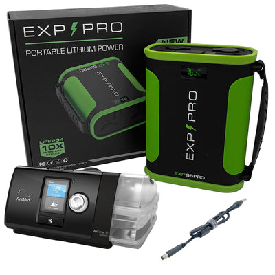 EXP96PRO APEX battery connected with DC cord powering a ResMed AirSense 10 machine
