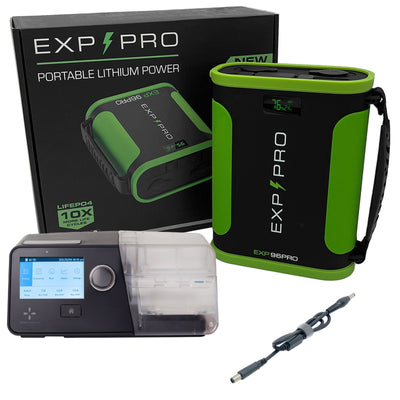 EXP96PRO APEX battery powering a React Health Luna G3 CPAP machine with DC cable