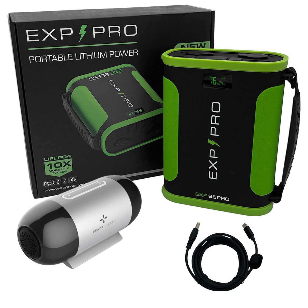 EXP96PRO APEX battery powering a React Health Luna TravelPAP device during off-grid sleep