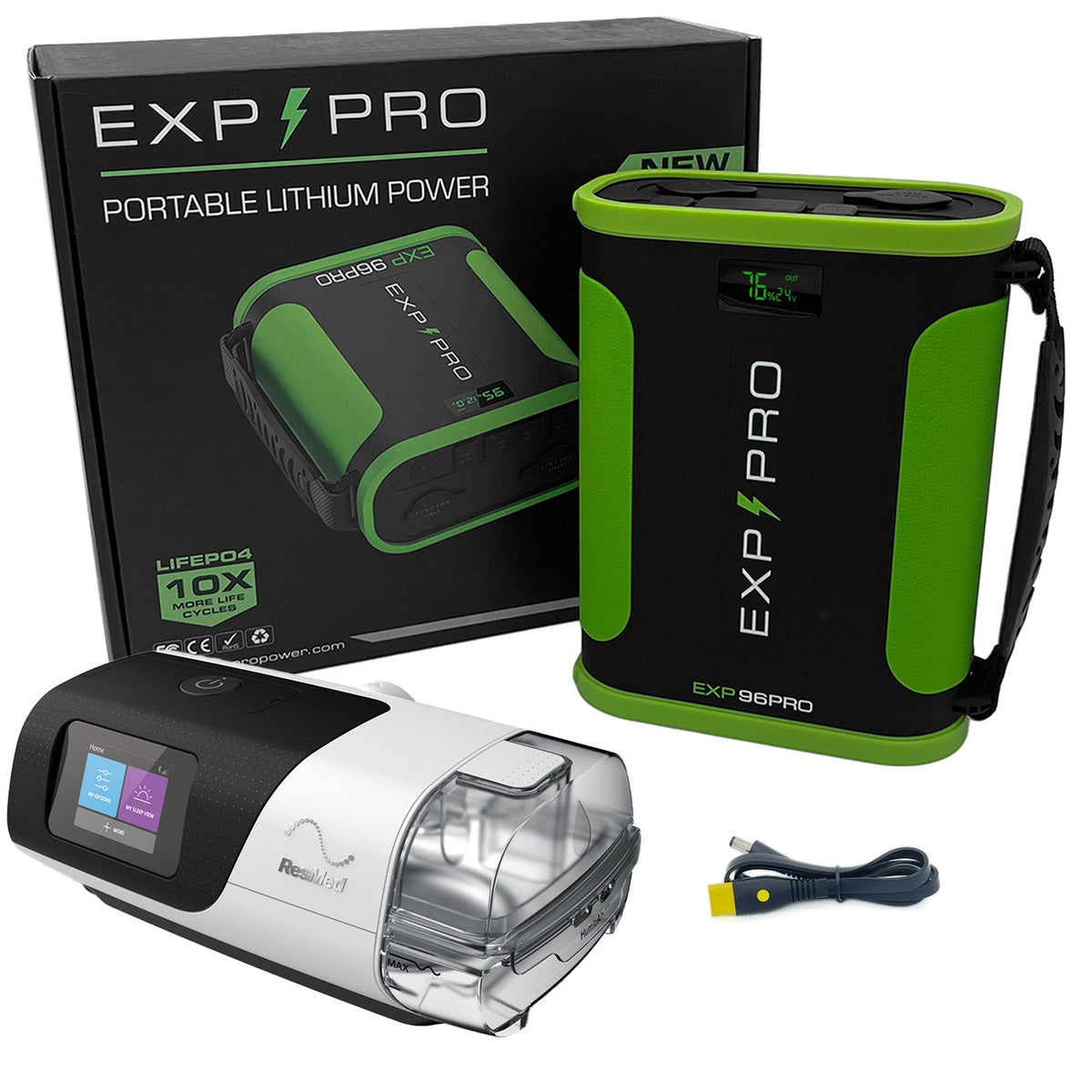 EXP96PRO APEX battery powering a ResMed AirSense 11 machine via dedicated DC cable