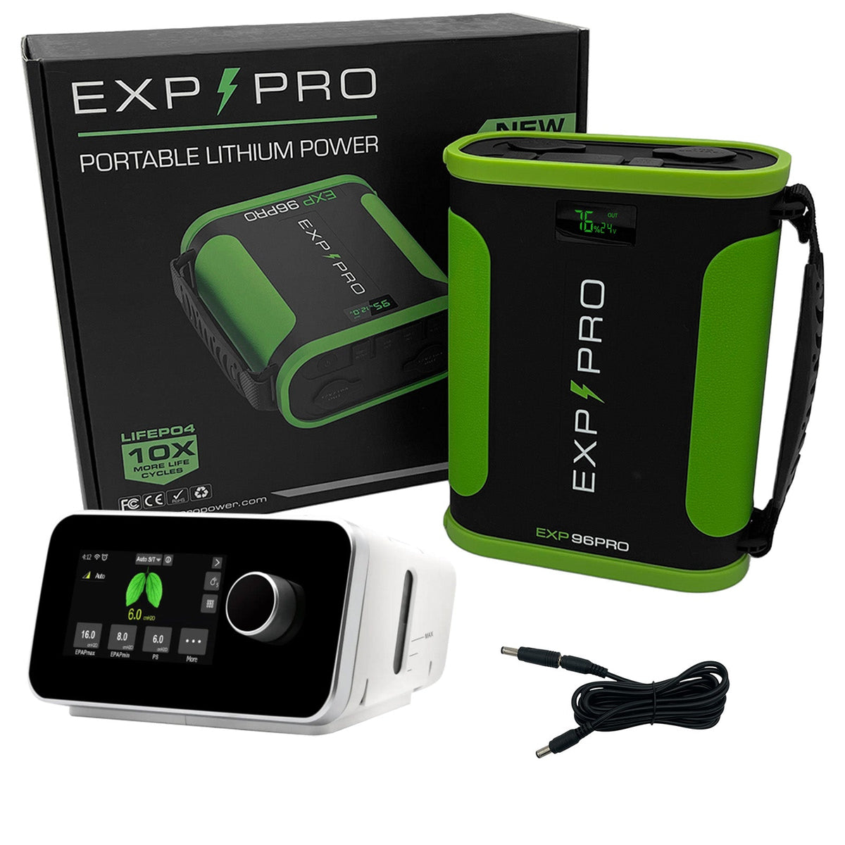 EXP96PRO APEX battery powering a Resvent iBreeze CPAP machine via DC power connector