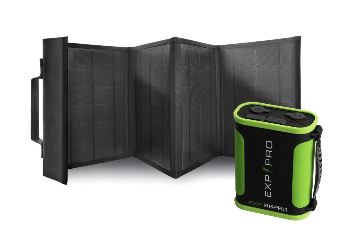 EXP96PRO APEX CPAP power bank recharging via foldable outdoor solar panel array