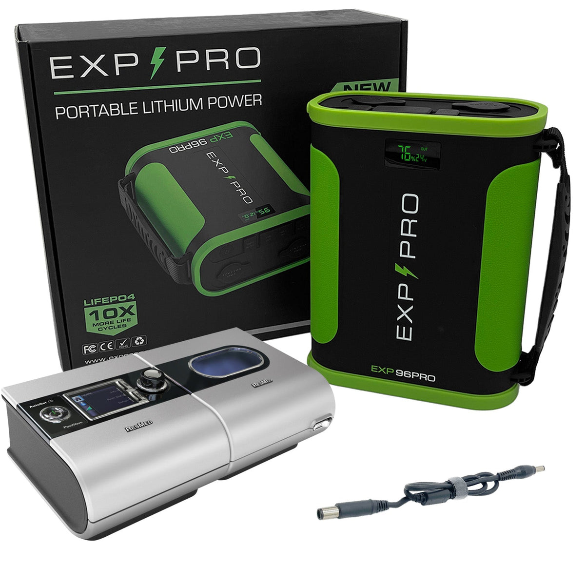 EXP96PRO APEX high-capacity battery connected via DC cord to a ResMed S9 CPAP machine