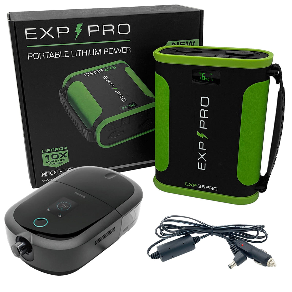 EXP96PRO APEX high-capacity battery running a Philips Respironics DreamStation CPAP
