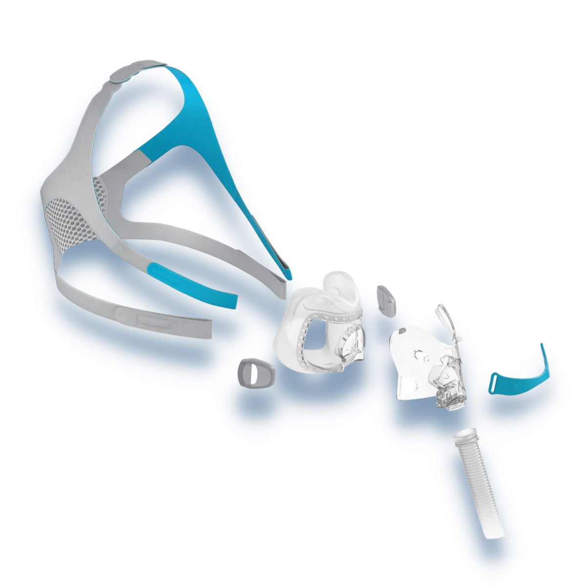 Exploded view diagram displaying disassembled parts of Fisher & Paykel Evora Full CPAP mask
