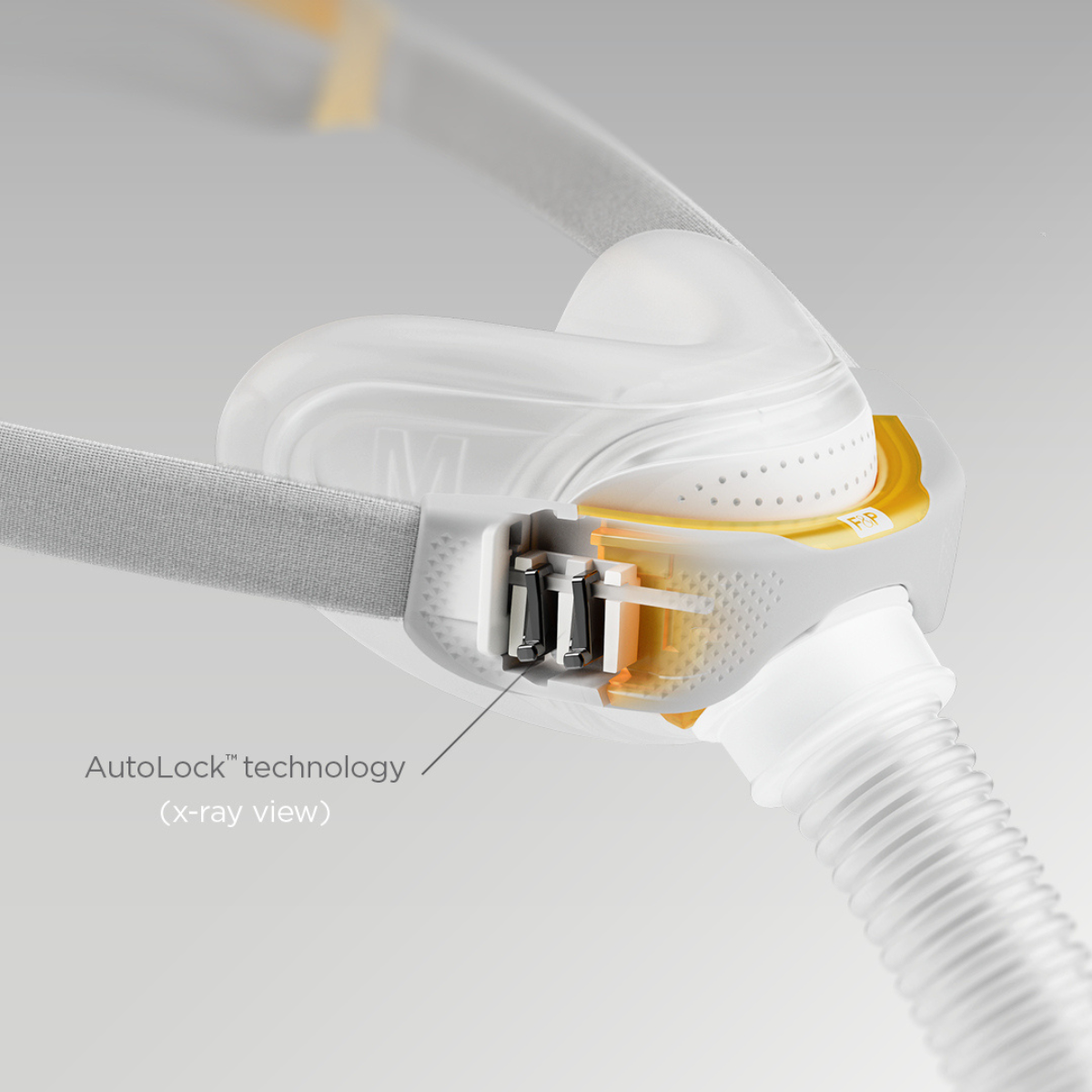 Diagram highlighting internal AutoLock ratchet mechanism inside Fisher & Paykel Solo headgear