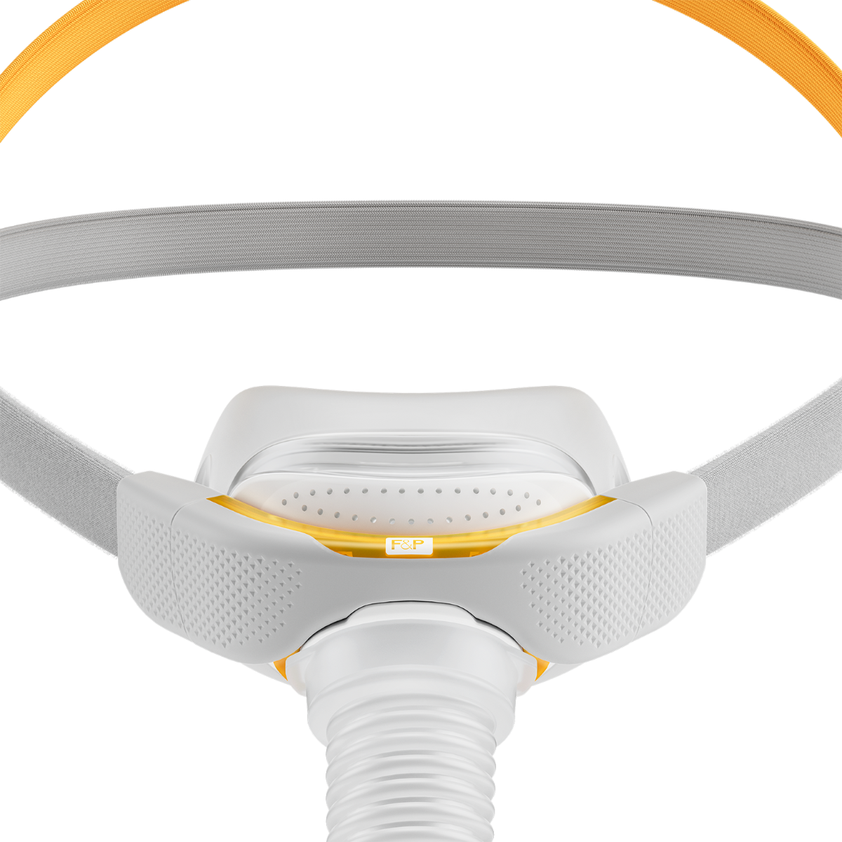 Close-up front view of Fisher & Paykel Solo nasal CPAP mask showing compact nasal pillow cushion
