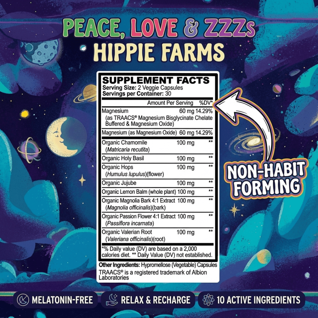 Front label view of Hippie Farms Peace, Love & ZZZs natural sleep support formula