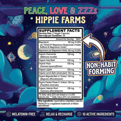 Front label view of Hippie Farms Peace, Love & ZZZs natural sleep support formula