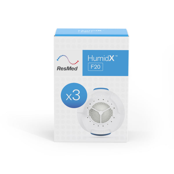 Front of retail package for ResMed HumidX waterless humidification cartridges for F20 mask, 3-pack