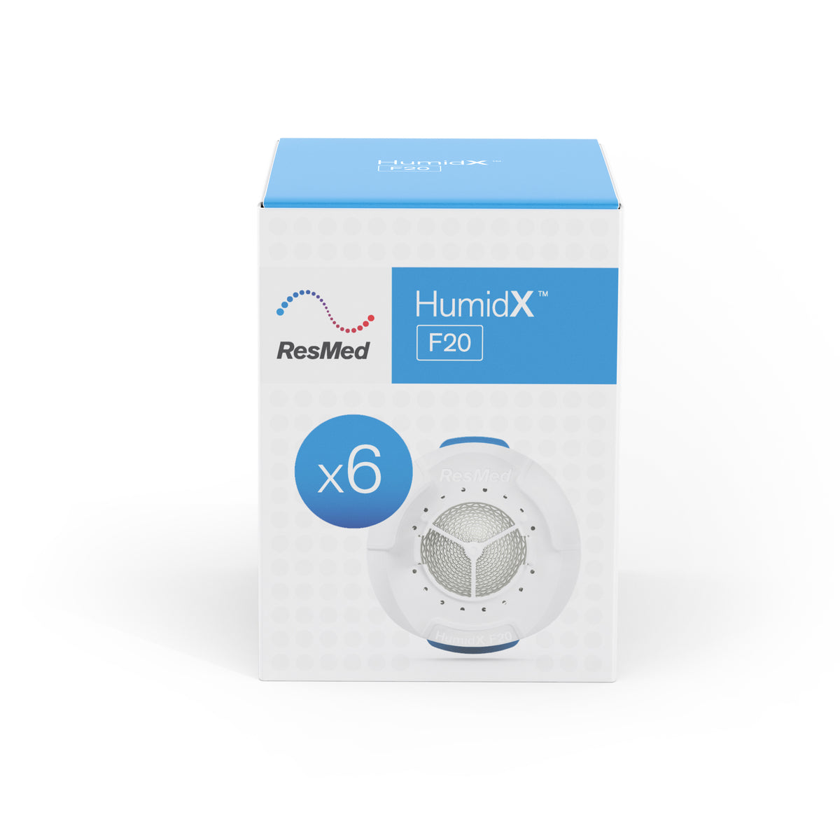 Front of retail package for ResMed HumidX waterless humidification cartridges for F20 mask, 6-pack