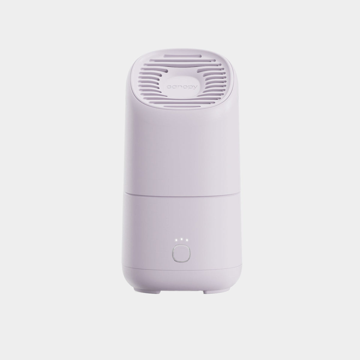 Front view of Canopy portable travel humidifier in calming lavender on gray backdrop