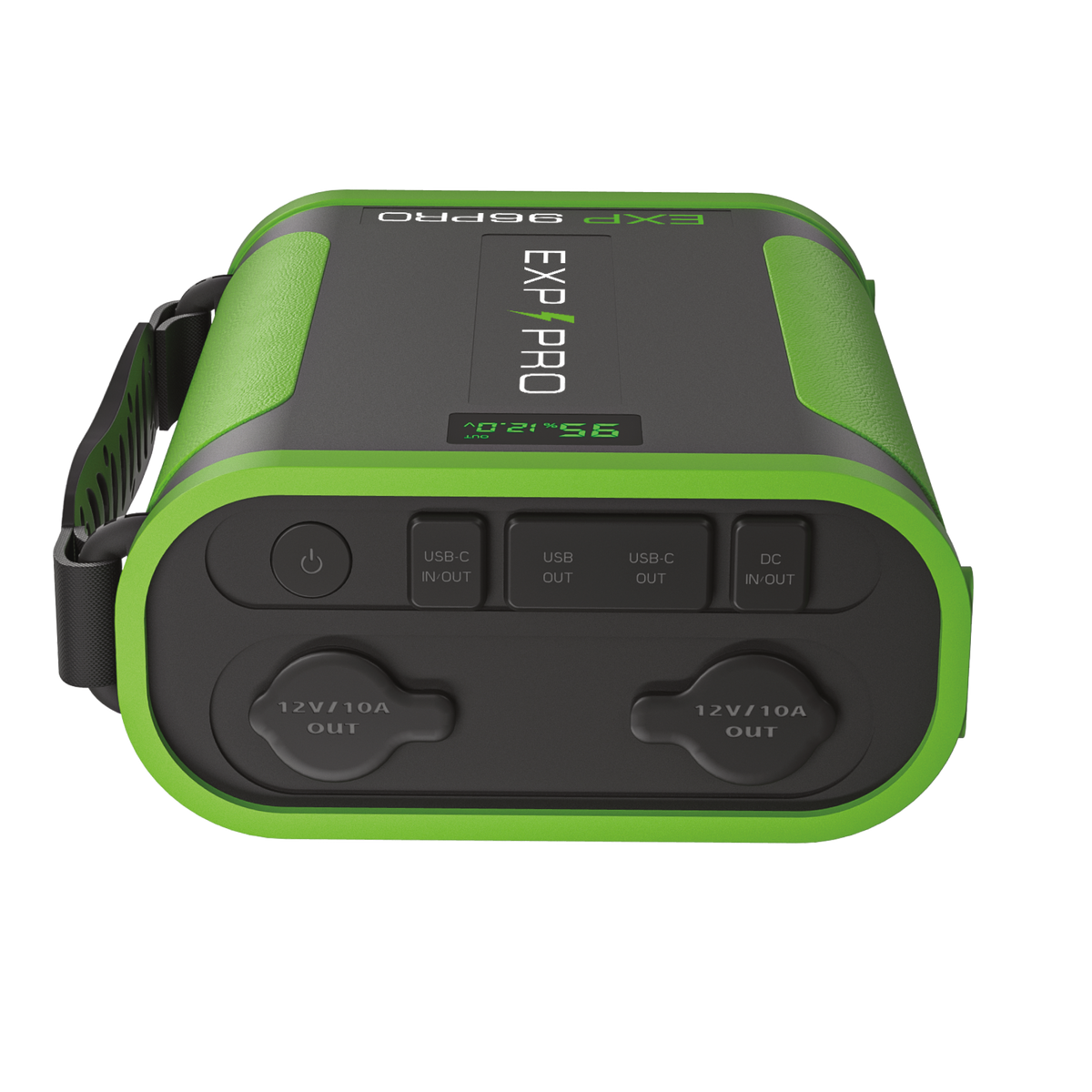 Front view of EXP96PRO APEX battery highlighting dual USB ports and DC power outputs