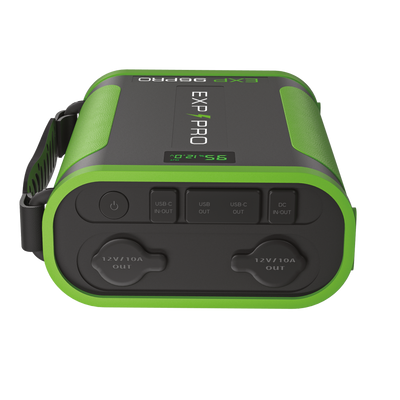 Front view of EXP96PRO APEX battery highlighting dual USB ports and DC power outputs
