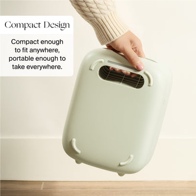 Graphic highlighting compact lightweight portability of Canopy bedside air purifier