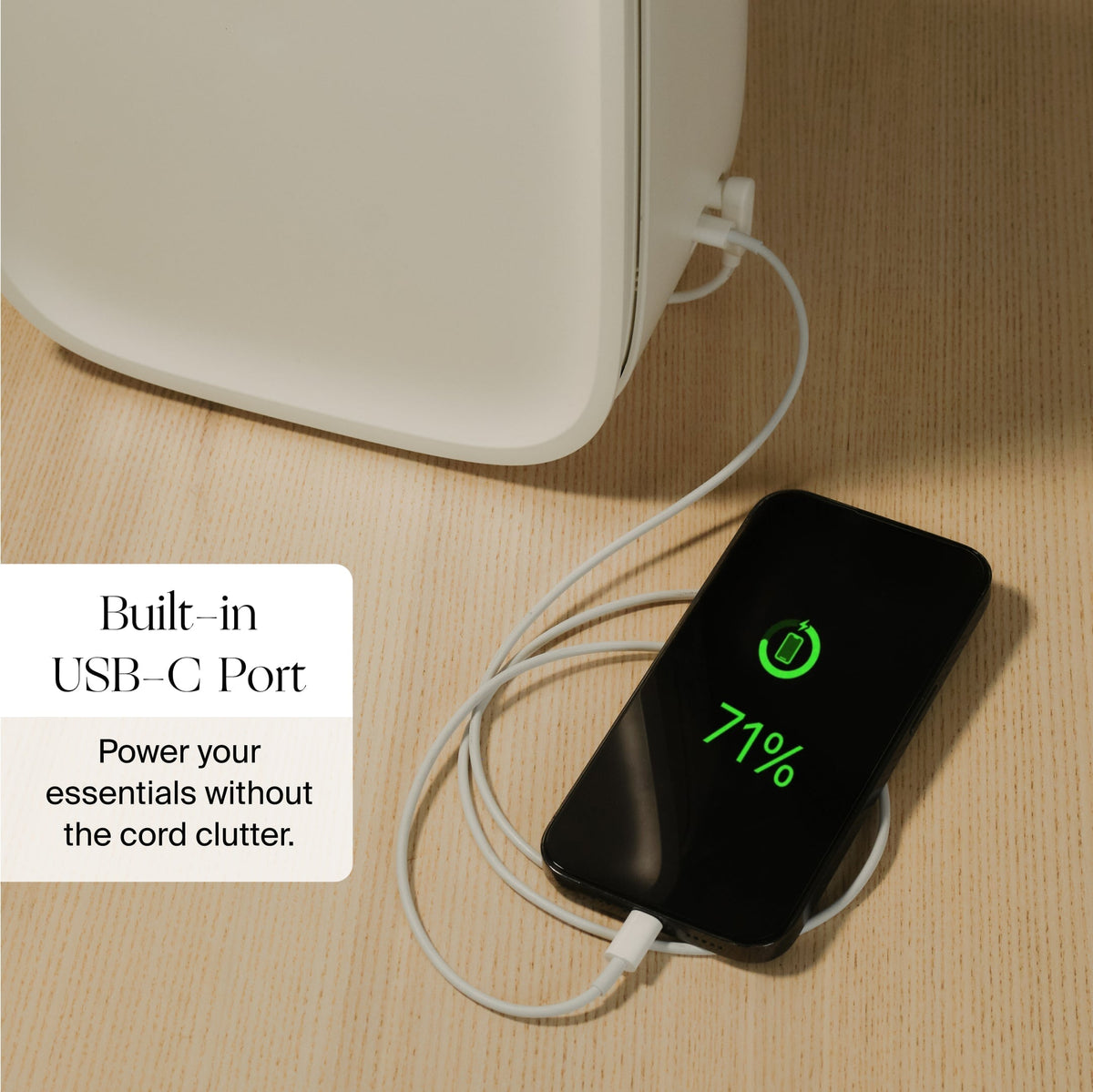 Graphic detailing convenient USB-C charging capability of Canopy bedside air purifier