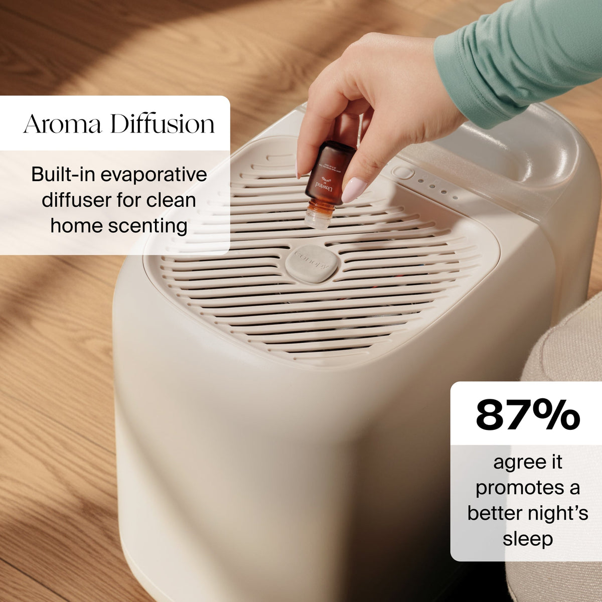 Graphic illustrating waterless aroma diffusing puck feature on Canopy large room humidifier