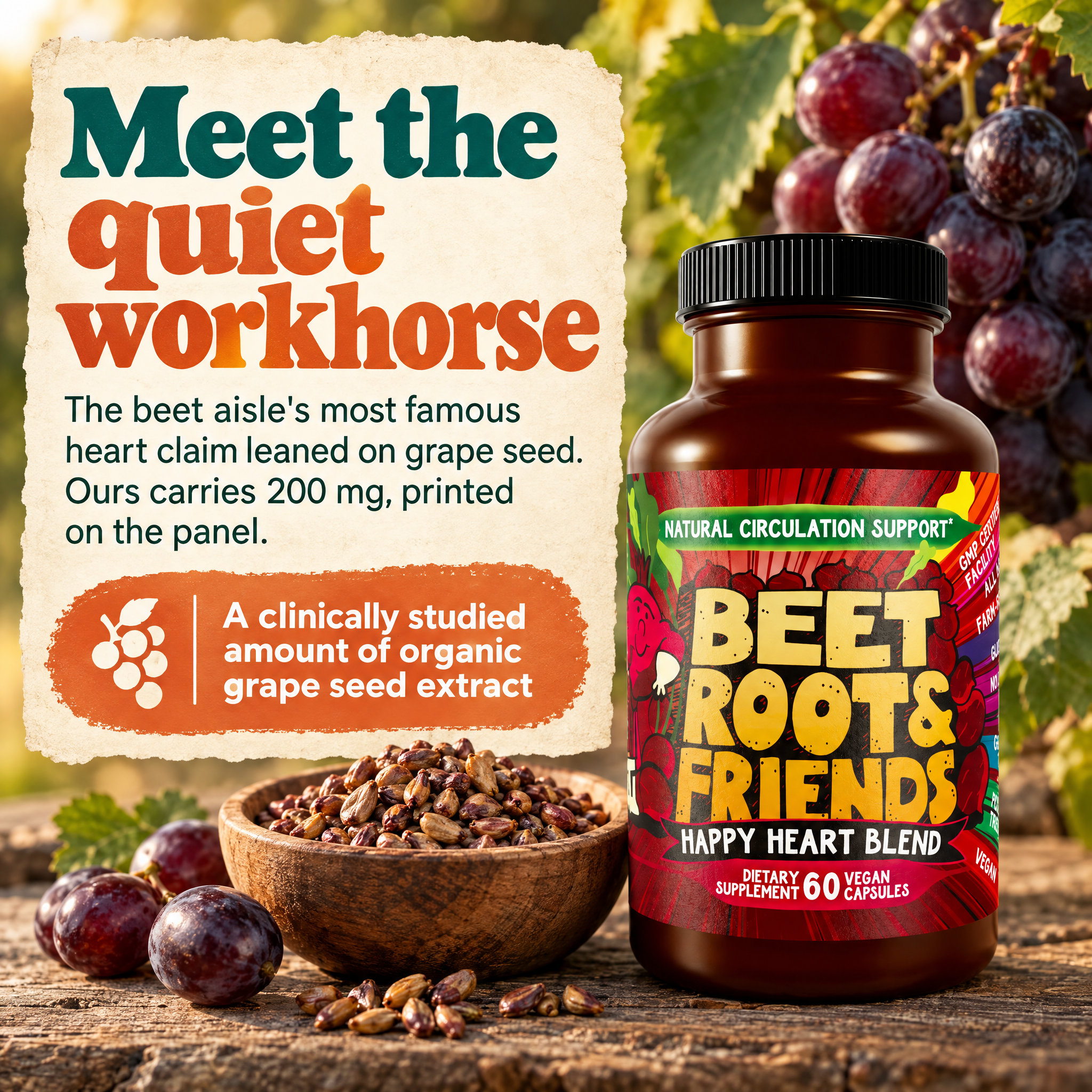 Graphic highlighting premium quality and non-GMO standards of Beet Root & Friends capsules