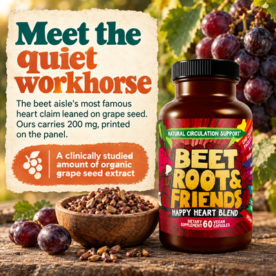 Graphic highlighting premium quality and non-GMO standards of Beet Root & Friends capsules
