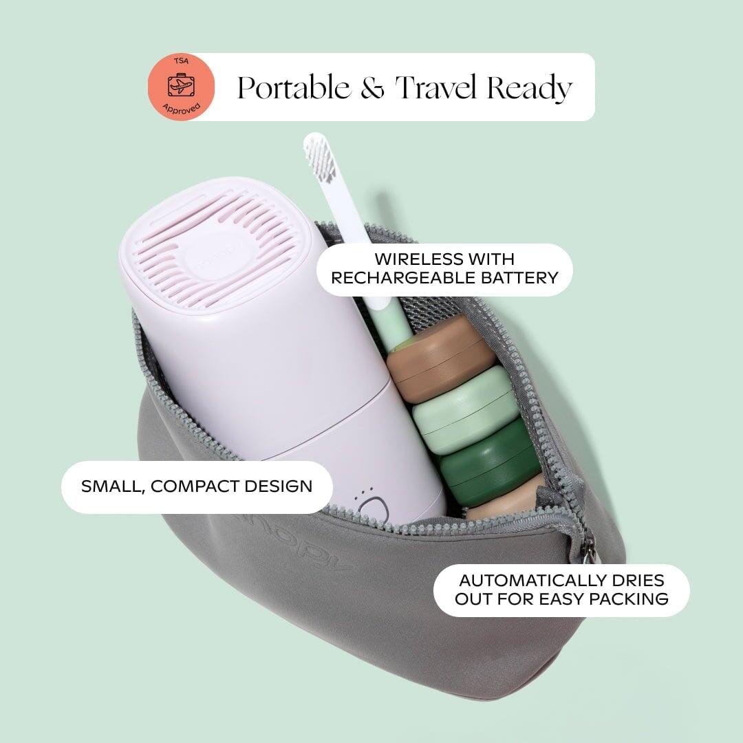 Graphic highlighting travel hydration benefits and compact portability of Canopy humidifier