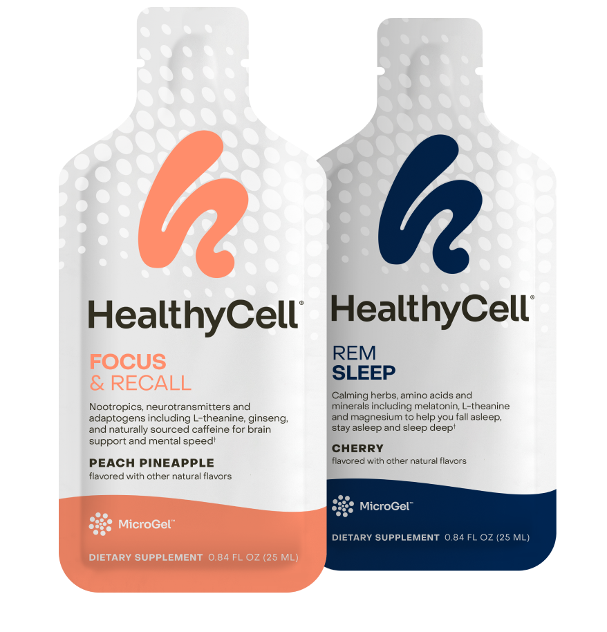 HealthyCell Day & Night supplement bundle featuring Bioactive Multi and REM Sleep MicroGels