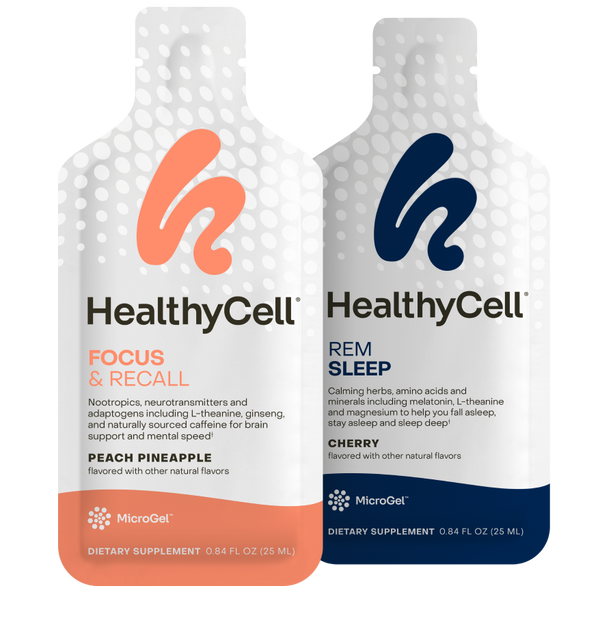 HealthyCell Day & Night supplement bundle featuring Bioactive Multi and REM Sleep MicroGels