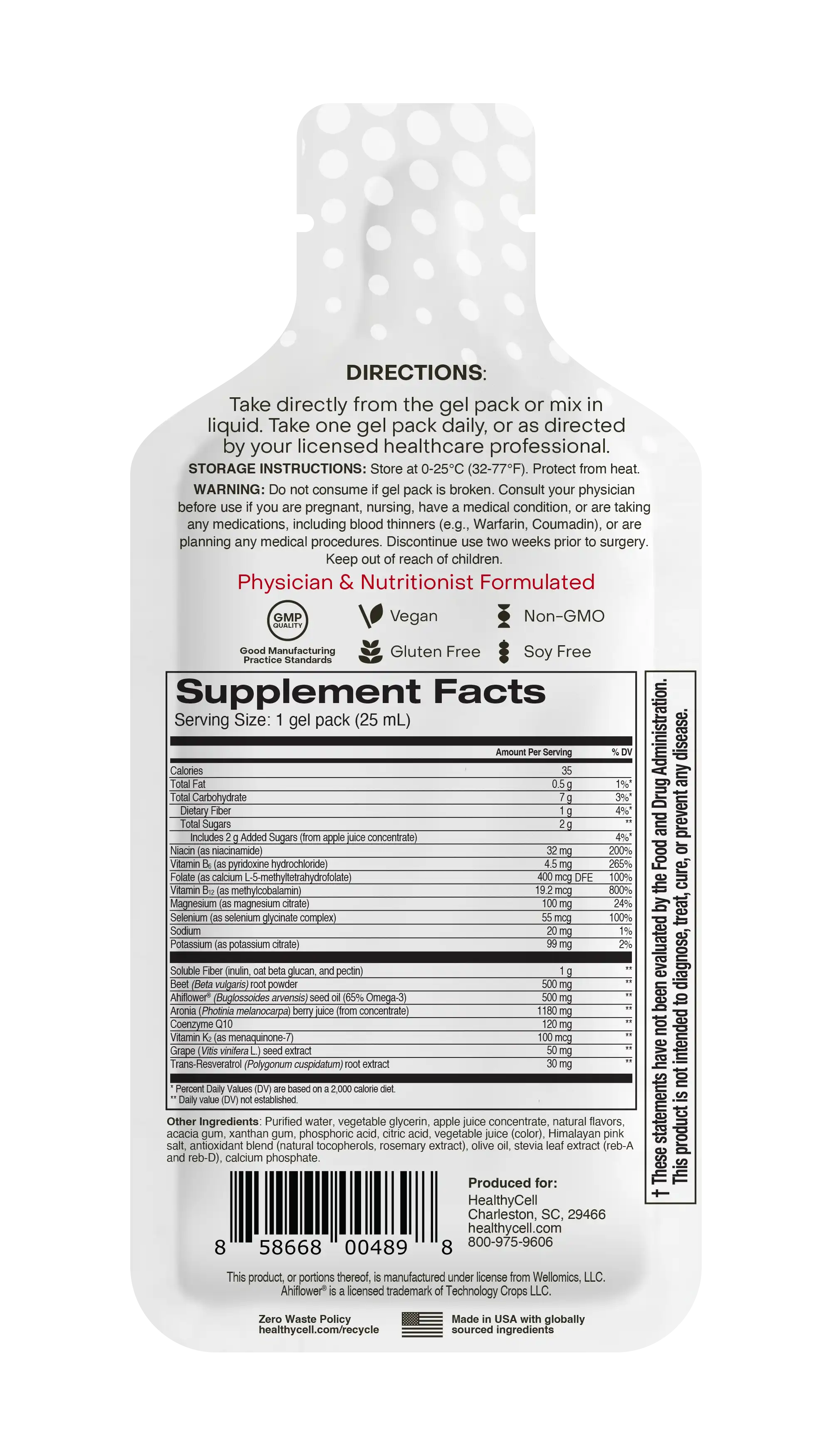 The back of a white gel pack pouch showing detailed product information, including directions, storage instructions, a large Supplement Facts label, and a barcode, on a plain white background.