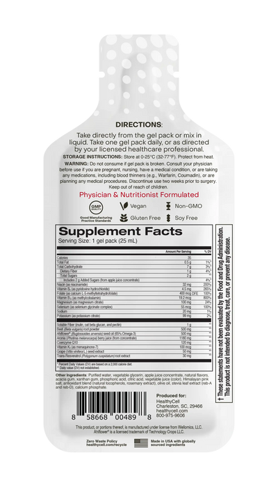 The back of a white gel pack pouch showing detailed product information, including directions, storage instructions, a large Supplement Facts label, and a barcode, on a plain white background.
